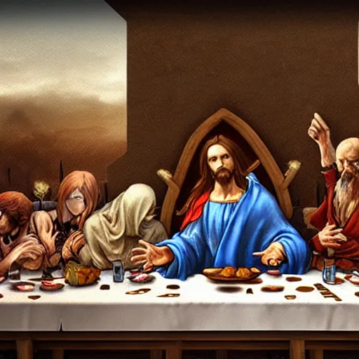 Prompt: the last supper remake da vinci - by yoshitaka amano - final fantasy game illustrator - super realistic details, fantasy art, trending in deviantart