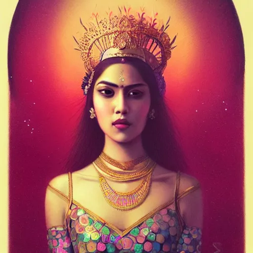 Image similar to portrait of a majestic asian indian queen of beauty, pink and gold, by Anato Finnstark, Tom Bagshaw, Brom