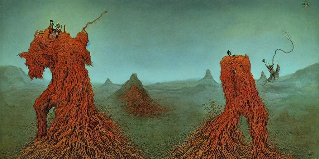 Prompt: a monster created by zdzislaw beksinski in stunningly beautiful landscape by elsa beskow