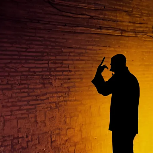 Prompt: a silhouette of a priest smoking a cigarette in a neon city