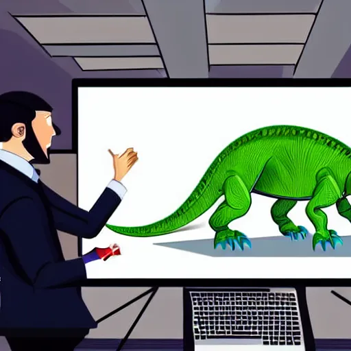 Image similar to detailed intricate colour illustration of a dinosaur doing a PowerPoint presentation in a corporate board meeting room