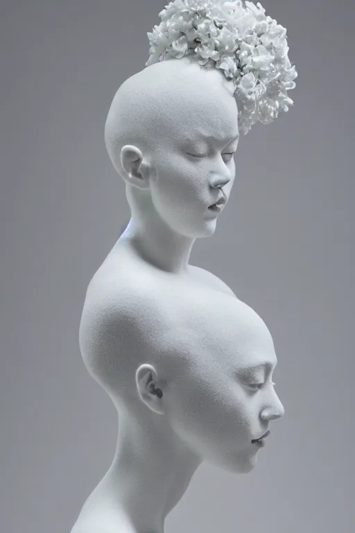 Prompt: full head and shoulders, beautiful female porcelain sculpture by daniel arsham and james jean, smooth, all white features on a white background, delicate facial features, white eyes, white lashes, detailed white 3 d different species of flowers