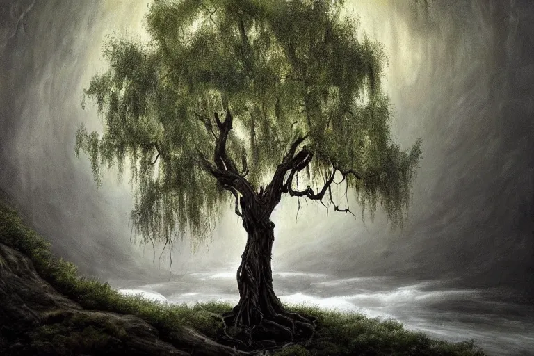 Image similar to masterpiece painting of the old man willow ebony tree of life on a hillside overlooking a creek | dramatic lighting | malign tree - spirit of great age | hyperrealism concept art of highly detailed by andreas franke