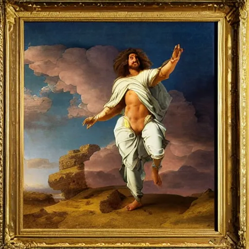 Prompt: egyptian man with long curly hair skydiving, giovanni paolo panini, versailles, jose miguel roman frances, dreamy clouds, pastel colors