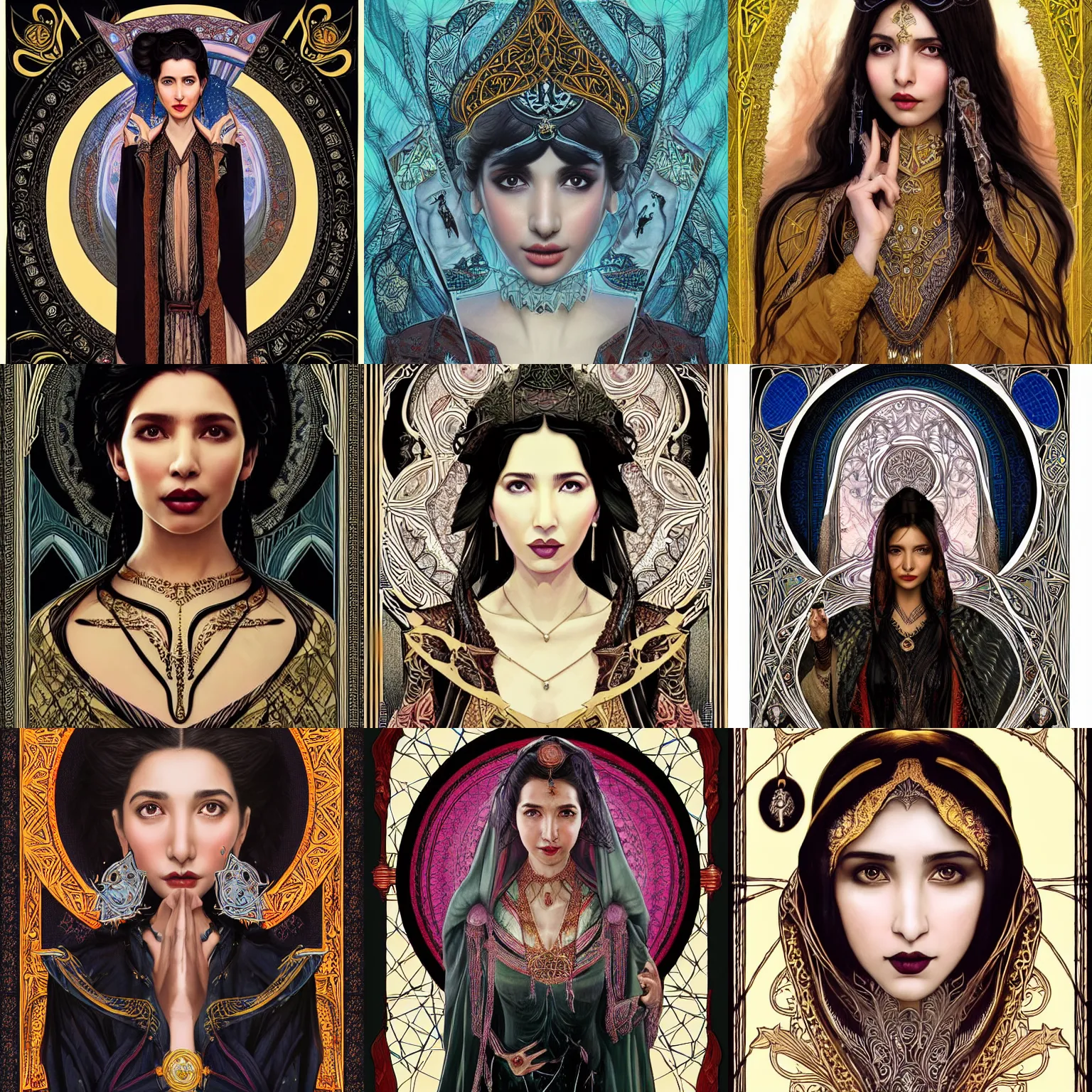 Prompt: head-on symmetrical centered painted portrait, Mahira Khan as a D&D wizard mage, black hair, no hands, ornate mage robes, art nouveau, tarot card style, fantasy, intricate, elegant, highly detailed, smooth, sharp focus, illustration, artstation, in the style of Artgerm and Anna Podedworna and Alex Ross and Mucha