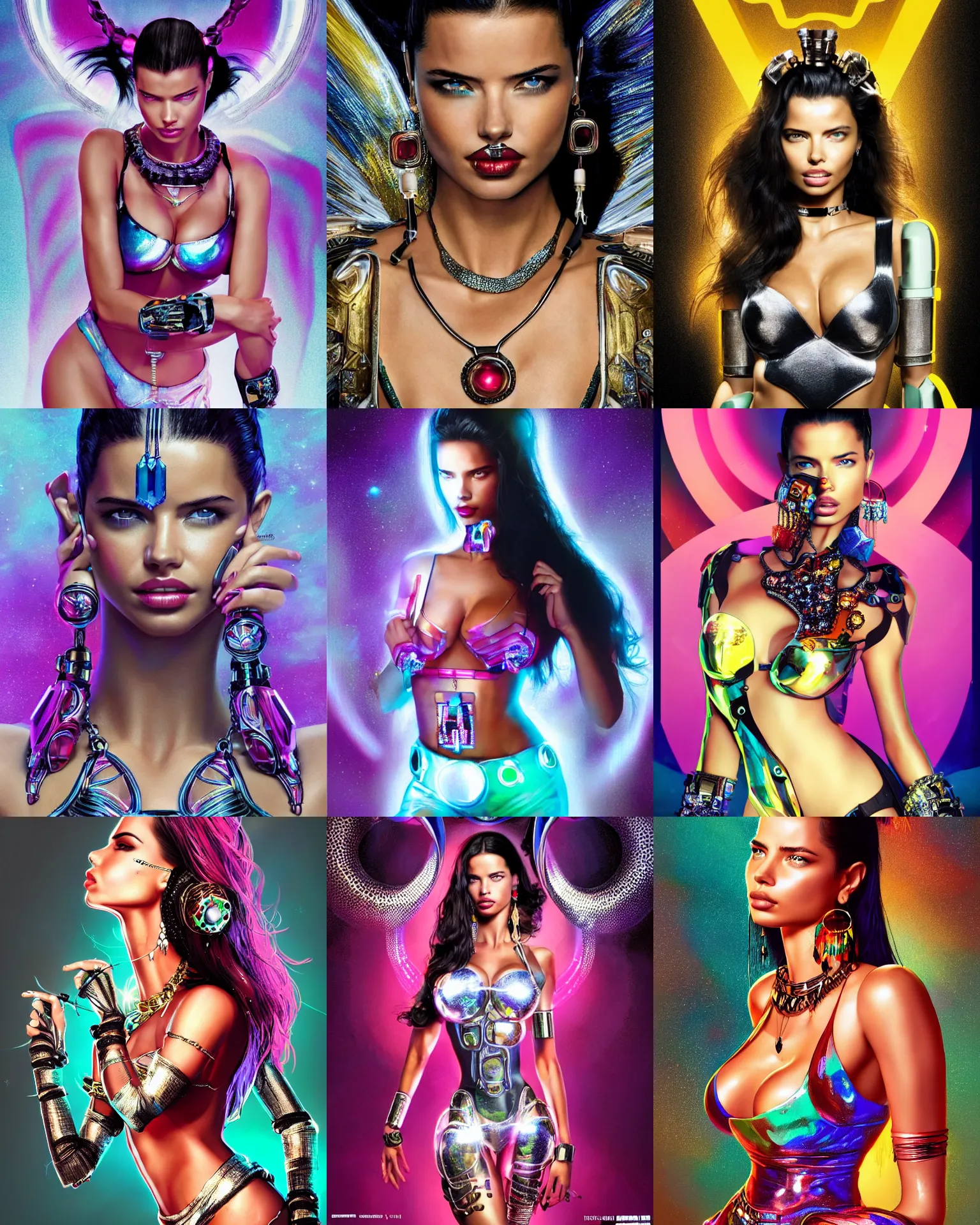 Prompt: BOTS movie poster body portrait of adriana lima :: as a pearlescent shiny teen cyborg looking at the camera :: artsy photoshoot, hair worn up, elaborate earrings and oled jewelry, bold rave outfit, :: trending on artstation, morning, anime, ue5, sci-fi, disney concept art :: nixri, Greg rutkowski, beeple, ::