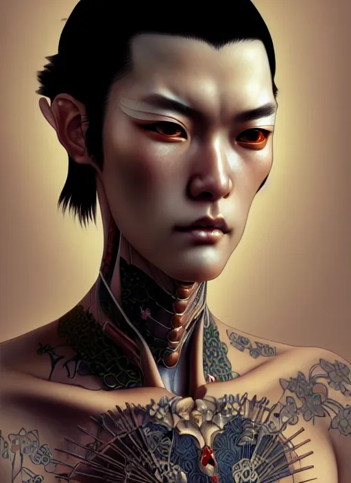 Image similar to Japanese Yakuza cyborg, diffuse lighting, fantasy, intricate, elegant, highly detailed, lifelike, photorealistic, digital painting, artstation, illustration, concept art, smooth, sharp focus, art by John Collier and Albert Aublet and Krenz Cushart and Artem Demura and Alphonse Mucha