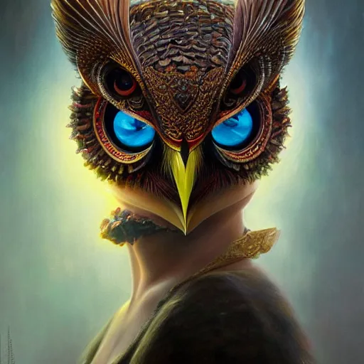 Image similar to a ultradetailed beautiful concept art of a an intricate wooden mask of an owl painted with beautiful colors, but the mask hide some dark secret, photorealism, ome reflexion in eyes, sharp details, volumetric light, high resolution 4 k, by tom bagshaw, greg rutkowski, charli bowater and artgeem