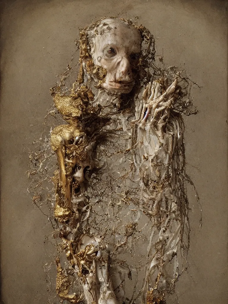 Prompt: A boney thin elegant humanoid wearing flowing robes with tiny mineral and gold incrustations, intricate, by emil melmoth, pastel, 4k HD, beautifully lit