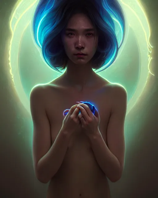 Image similar to one singular portrait of a sad bioluminescent creature, highly detailed, digital painting, cinematic, hyper realism, dark retrowave, art by stanley lau and artgerm and magali villeneuve and alphonse mucha, artstation, octane render, cgsociety