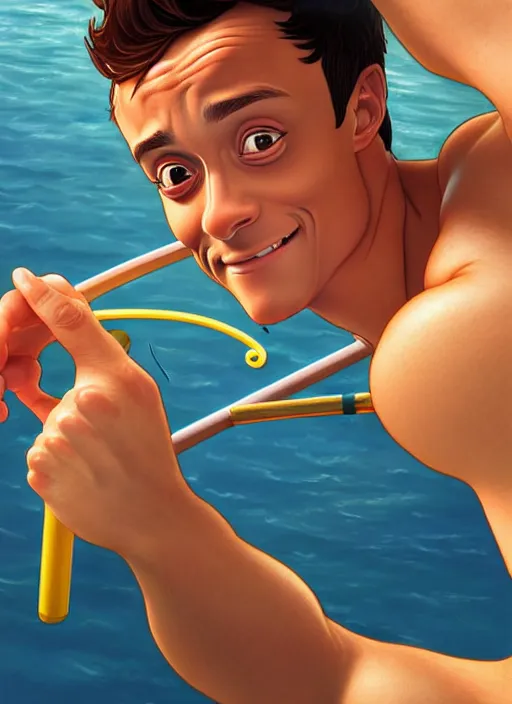 Prompt: cute fisherman tom daley, natural lighting, path traced, highly detailed, high quality, digital painting, by don bluth and ross tran and studio ghibli and alphonse mucha, artgerm