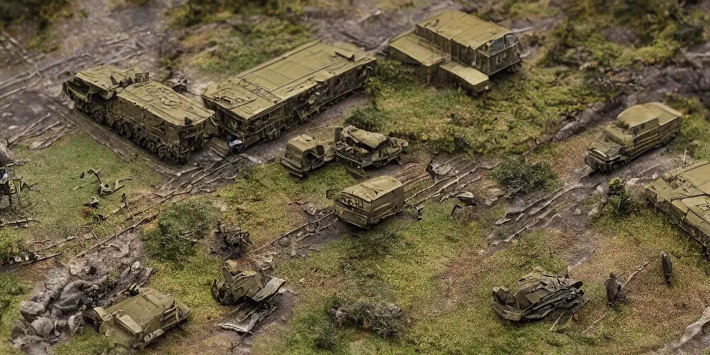 Image similar to zoomed in photo taken of an epic intricate extremely detailed, ww 2, landing at normandy, battlefield diorama, with highly detailed, exquisitely weathered 3 d printed models. macro shot, photorealistic, sharp focus, f 0. 4, golden ratio, soft light,, 3 9 0 0 k