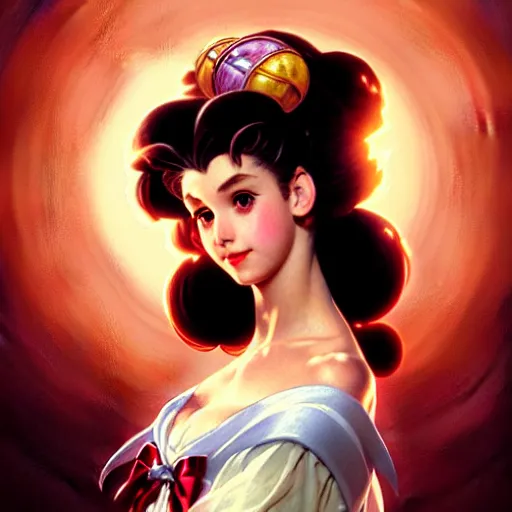 Image similar to head and shoulders Portrait of Sailor Moon, dark fantasy, medium shot, intricate, elegant, highly detailed, digital painting, volumetric light, artstation, concept art, smooth, sharp focus, illustration, art by Gil Elvgren and Greg Rutkowski and Alphonse Mucha