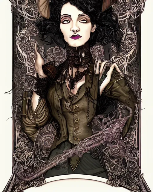 Prompt: a detailed portrait illustration of a steampunk witch - necromancer. distinguished face. random gender. art nouveau, pop art, comic book style. influenced by neil gaiman, h. p. lovecraft, tim burton, brian froud, vadim voitekhovitch, killian eng, ross tran.