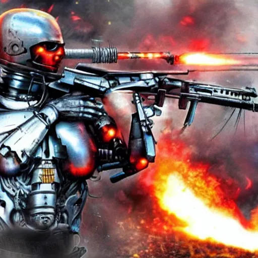 Image similar to Terminator T800 fighting in Ukraine against Russian forces, anime style