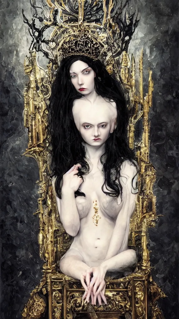 Image similar to a beautiful black haired woman with pale skin and a crown on her head sitted on an intricate metal throne, intimidating woman, large black eyes, high forehead, smooth pale skin, ethereal skin, ominous, eldritch. oil painting by nuri iyem, james gurney, james jean, greg rutkowski, highly detailed, soft lighting, chiaroscuro