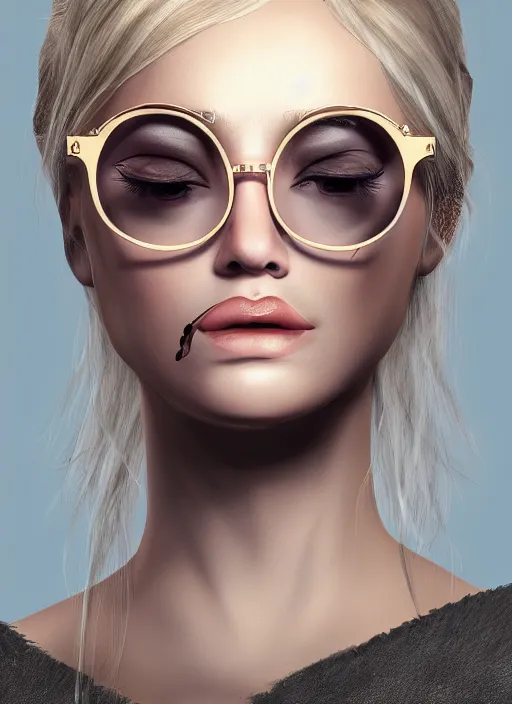 Image similar to a french woman with blonde hair tied in a strict bun, spectacles, lots of makeup, rich, character portrait, digital art, high quality, 8 k, detailed, d & d character,