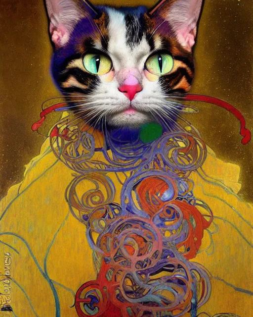 Image similar to clown cat portrait an oil painting splashes with many colors and shapes by gustav klimt greg rutkowski and alphonse mucha, polycount, generative art, psychedelic, fractalism, glitch art