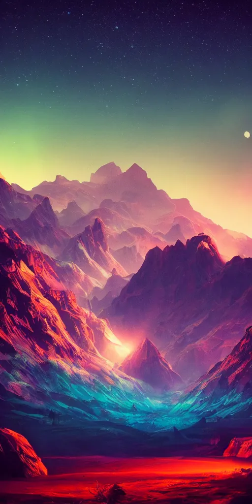 Image similar to a beautiful neon alien landscape, mountains, nighttime, ambient lighting