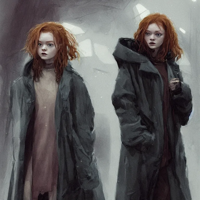 Prompt: sadie sink dressed in oversized man's coat and hoodie : costume design concept art for a scifi cyberpunk film. by greg rutkowski, john j. park, jason chan, noah bradley, feng zhu, gintas galvanauskas, gustave courbet, rosa bonheur, edward hopper. sharp focus, cinematic atmosphere, detailed and intricate, perfect anatomy