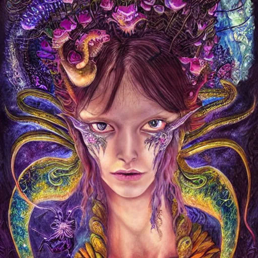 Image similar to portrait of a scorpion fairy, fantasy, magic realism, whimsical, horror, art by josephine wall and and hr geiger and chengwei pan and amanda sage, intricately detailed, highly detailed, luxurious, elegant, clean, unsettling, trending on artstation