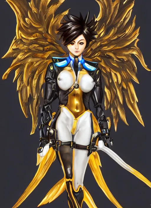 Image similar to full body oil painting of tracer overwatch, angel wings, dramatic painting, symmetrical composition, wearing gold detailed choker, golden cuffs, black shiny armor, detailed face and eyes,