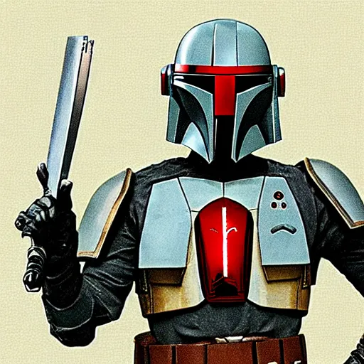 Image similar to Levi Ackerman, wearing a Mandalorian chest plate, holding his helmet. The chest plate is gray, red, gold, green, and white
