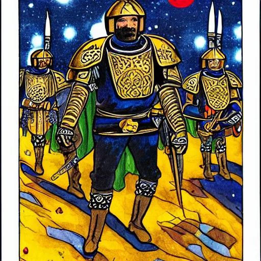 Prompt: ottoman sultanate space marines, comic book illustration, tarot card style