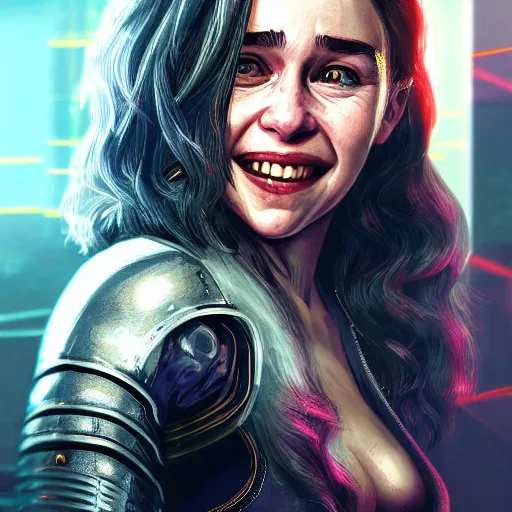 Image similar to Detailed art of Emilia Clarke in armor smiling warmly in Cyberpunk 2077 video game, concept art, poster, detailed, artstation