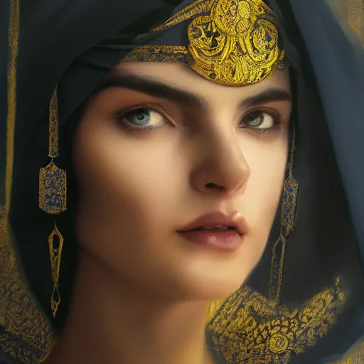 Image similar to a Photorealistic dramatic hyperrealistic render of an arab ameera al taweel, blue eyes, black hair, white veil,by WLOP,Artgerm,Greg Rutkowski,Alphonse Mucha, Beautiful dynamic dramatic dark moody lighting,shadows,cinematic atmosphere,Artstation,concept design art,Octane render,8K