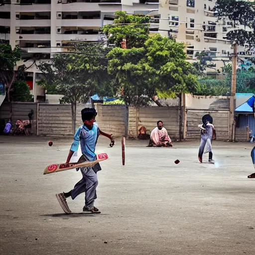 Image similar to a man playing street cricket with friends in indian, with the wickets visible, extremely detailed, high human appeal, real life image, national geographic award winning image, taken from dslr