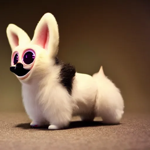 Image similar to an uncanny corgi furby, inspired by junji ito, photographed by david lynch