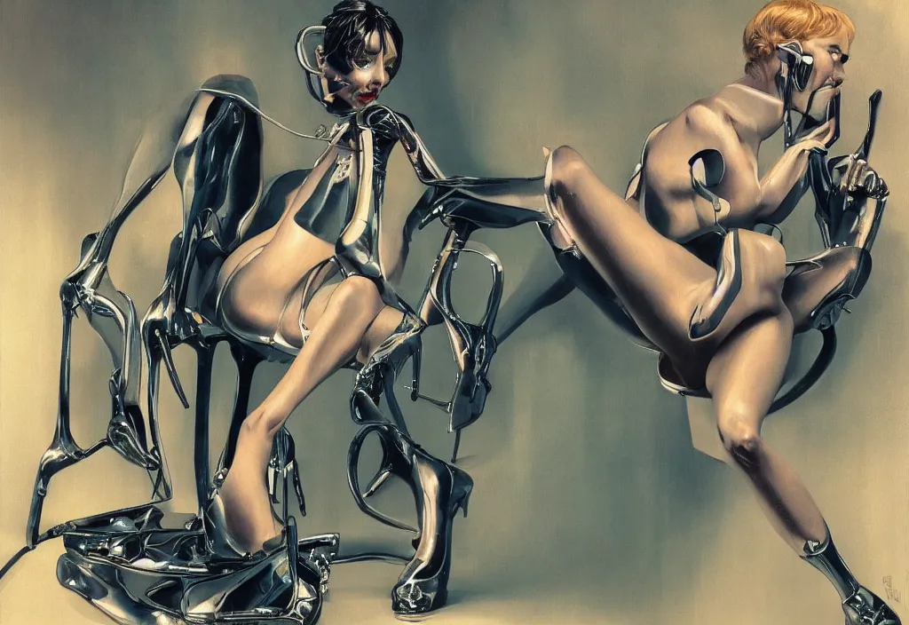 Prompt: A woman with four legs and four arms trying to count her legs, in the style of Hajime Sorayama, extremely detailed masterpiece, oil on canvas, low-key neon lighting, artstation, Blade Runner 2049, Roger Deakin’s cinematography, by J. C. Leyendecker and Peter Paul Rubens and Edward Hopper and Michael Sowa,