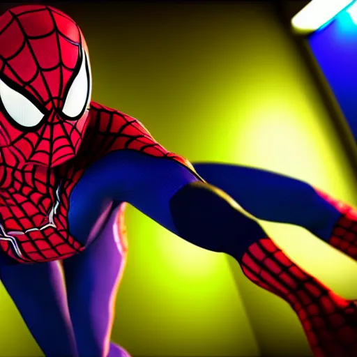 Prompt: still photo of neon spider - man, highly detailed, photorealistic portrait, bright studio setting, studio lighting, crisp quality and light reflections, unreal engine 5 quality render