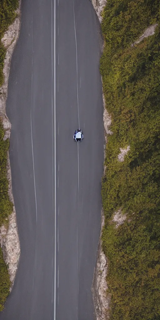 Image similar to detailed dji mavic flying over a mountain road with a super car on it, photo, kodak portra 4 0 0, direct flash, cinematic lightning, anti aliasing