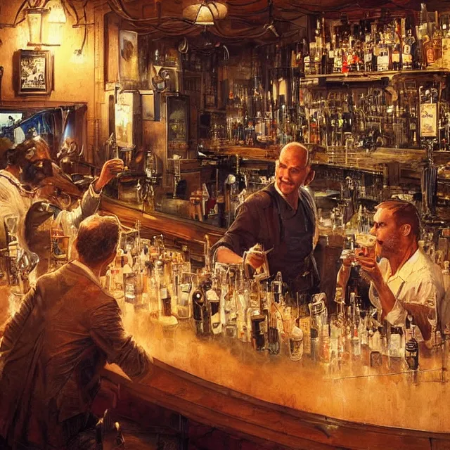 Image similar to two men sitting at a bar drinking whiskey being served by a robot bartender, near future, sci - fi concept art, by greg rutkowski and norman rockwell, highly detailed, intricate details, soft lighting, studio lighting