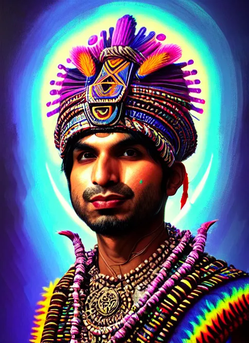 Image similar to portrait of kunal nayyar, hyper detailed ultra sharp aztec shaman warrior. trending on artstation, warpaint aesthetic, bloodwave, colorful, psychedelic, ornate, intricate, digital painting, concept art, smooth, sharp focus, illustration, art by artgerm and greg rutkowski and h. r. giger, 8 k