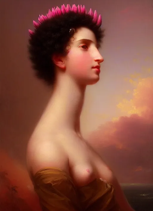 Prompt: stunning spanish godess, detailed pink and white protea head peace against a black backdrop by ivan aivazovsky, wlop, oil painting, beautiful soft lighting, muted colours, artstation