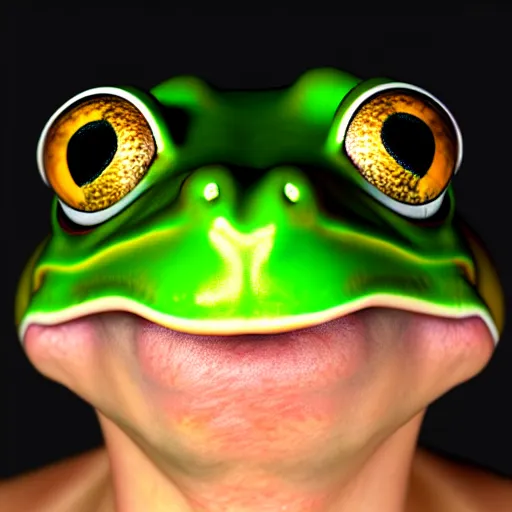 Image similar to human with the head of a frog, photorealistic render 4k