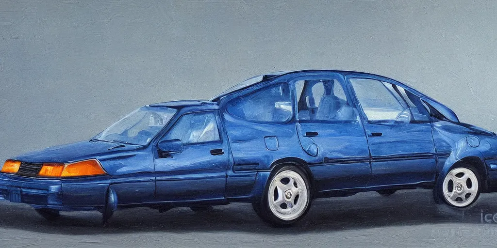 Image similar to Highly detailed oil painting of a dark blue 1991 opel astra, strong atmosphere, oil painting masterpiece by Josep Tapiró Baró, symmetry, fractals