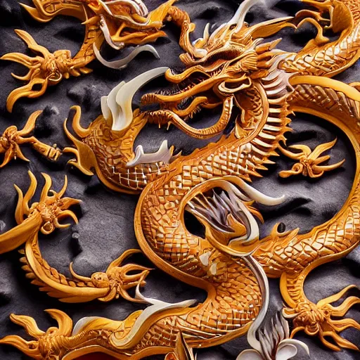 Image similar to chinese dragons party,highly detailed,intricate,complex,layered,sharp focus, trending on artstation, award winning,wall carving photo