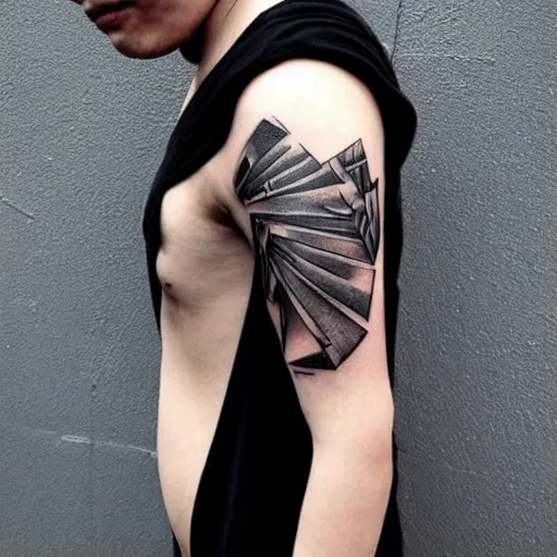 Prompt: dark japanese urban architecture, tattoo, tattoo on upper arm