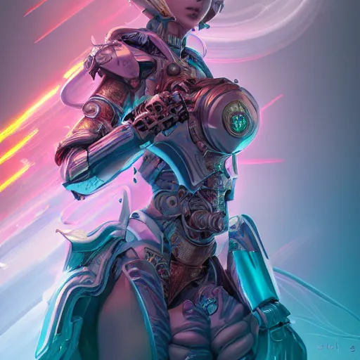 Image similar to studio portrait of lawful good colorful female holy mecha paladin absurdly beautiful, elegant, young sensual graceful woman, ultrafine hyperrealistic detailed face illustration by kim jung gi, irakli nadar, intricate linework, sharp focus, bright colors, matte, octopath traveler, final fantasy, unreal engine highly rendered, global illumination, radiant light, intricate environment