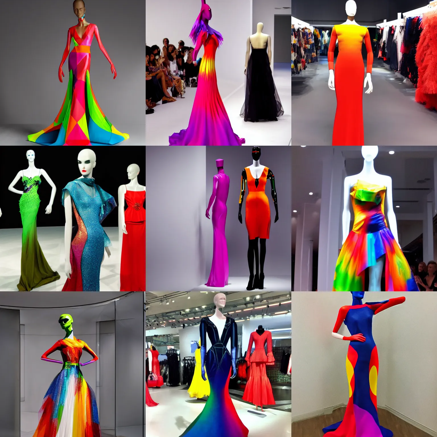 Prompt: a mannequin wearing a colorful gown in the style of mugler