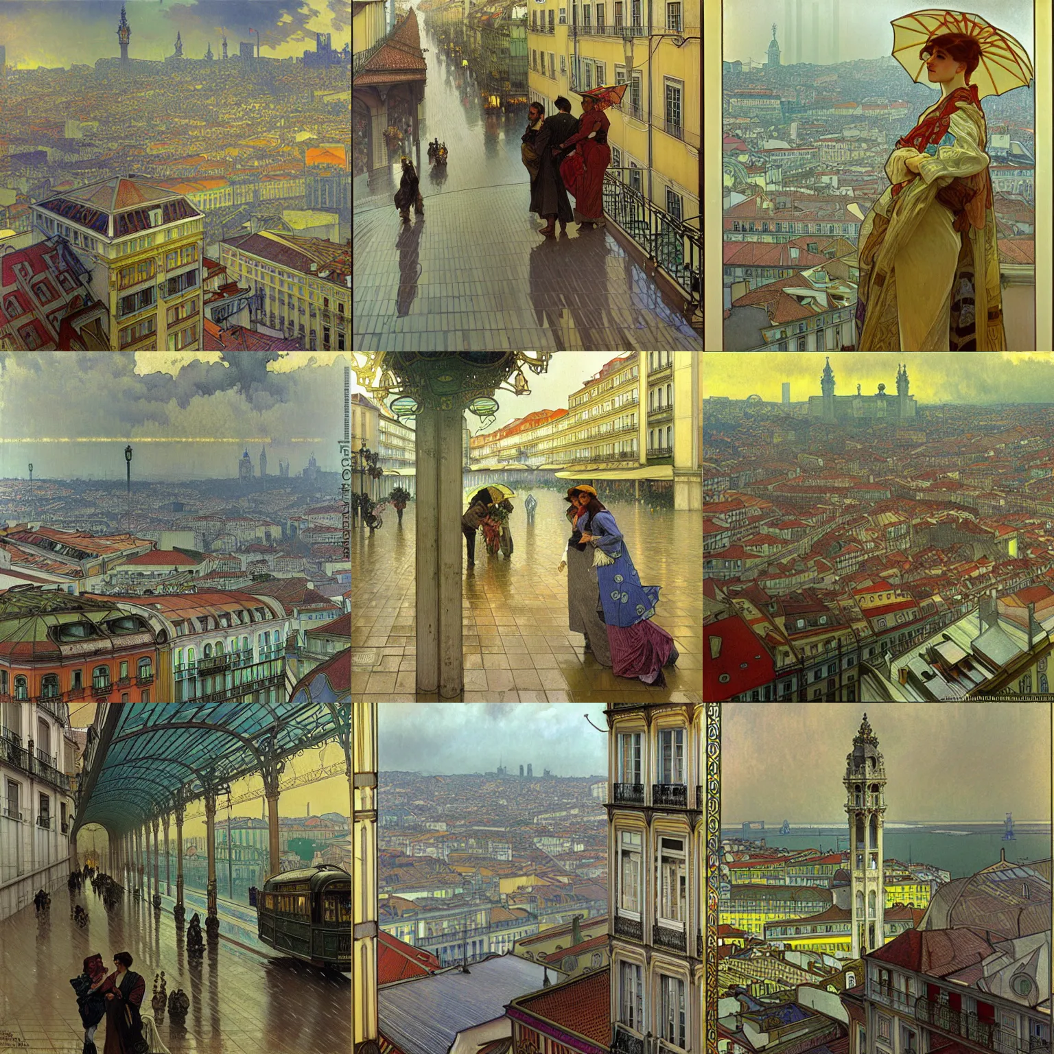 Prompt: The Raining City of Lisbon, photorealism, alphonse mucha