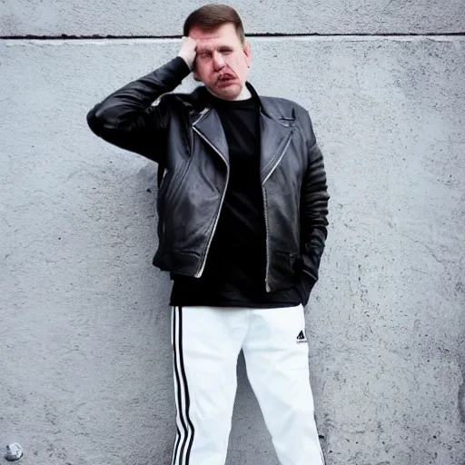 Prompt: gopnik in a black leather jacket, white Adidas pants, white Adidas sneakers. full length photo.