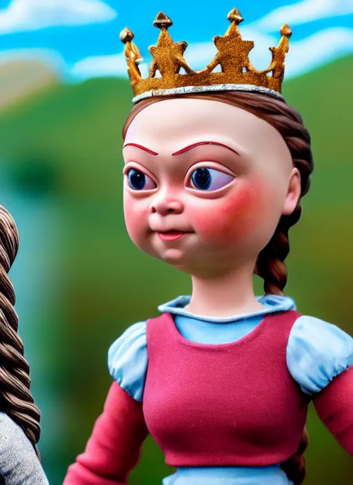 Image similar to highly detailed closeup, face profile portrait of greta thunberg as a tin toy fairytale princess wearing a crown eating cakes, bikini, unreal engine, nicoletta ceccoli, mark ryden, earl norem, lostfish, global illumination, detailed and intricate environment