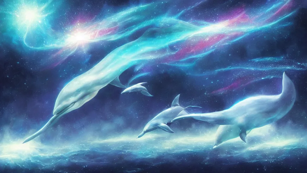 Prompt: Ethereal blue fire whale and dolphins flying through a nebula, star dust, cosmic, magical, shiny, glow,cosmos, galaxies, stars, outer space, stunning, by andreas rocha and john howe, and Martin Johnson Heade, featured on artstation, featured on behance, golden ratio, ultrawide angle, hyper detailed, photorealistic, epic composition, wide angle, f32, well composed, UE5, 8k