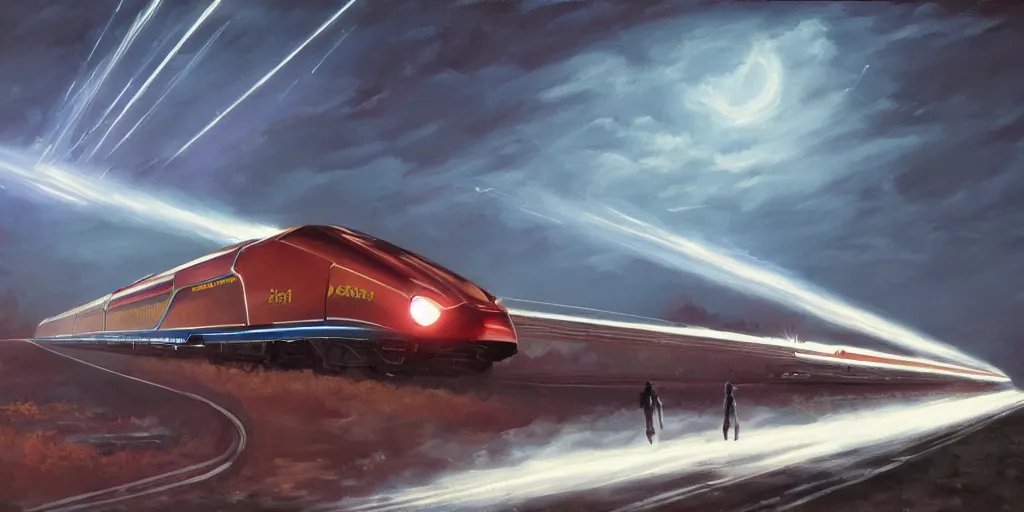 Prompt: highly detailed painting of powerful futuristic streamline train speeding. romanticism. extreme speed with headlight shining brightly into the fog. dramatic lighting. motion streaks.. vanishing point.