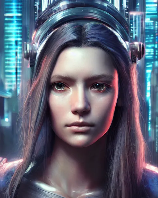 Image similar to a portrait of a beautiful 28th century cyberpunk female very young with long hair, largely biomechanical, hyper-realistic, very detailed unreal engine, by Artgerm, WLOP and Ross Thran, dramatic cinematic lighting rendered by octane, 8k, detailed, trending on artstation, deviantart, google images, pinterest